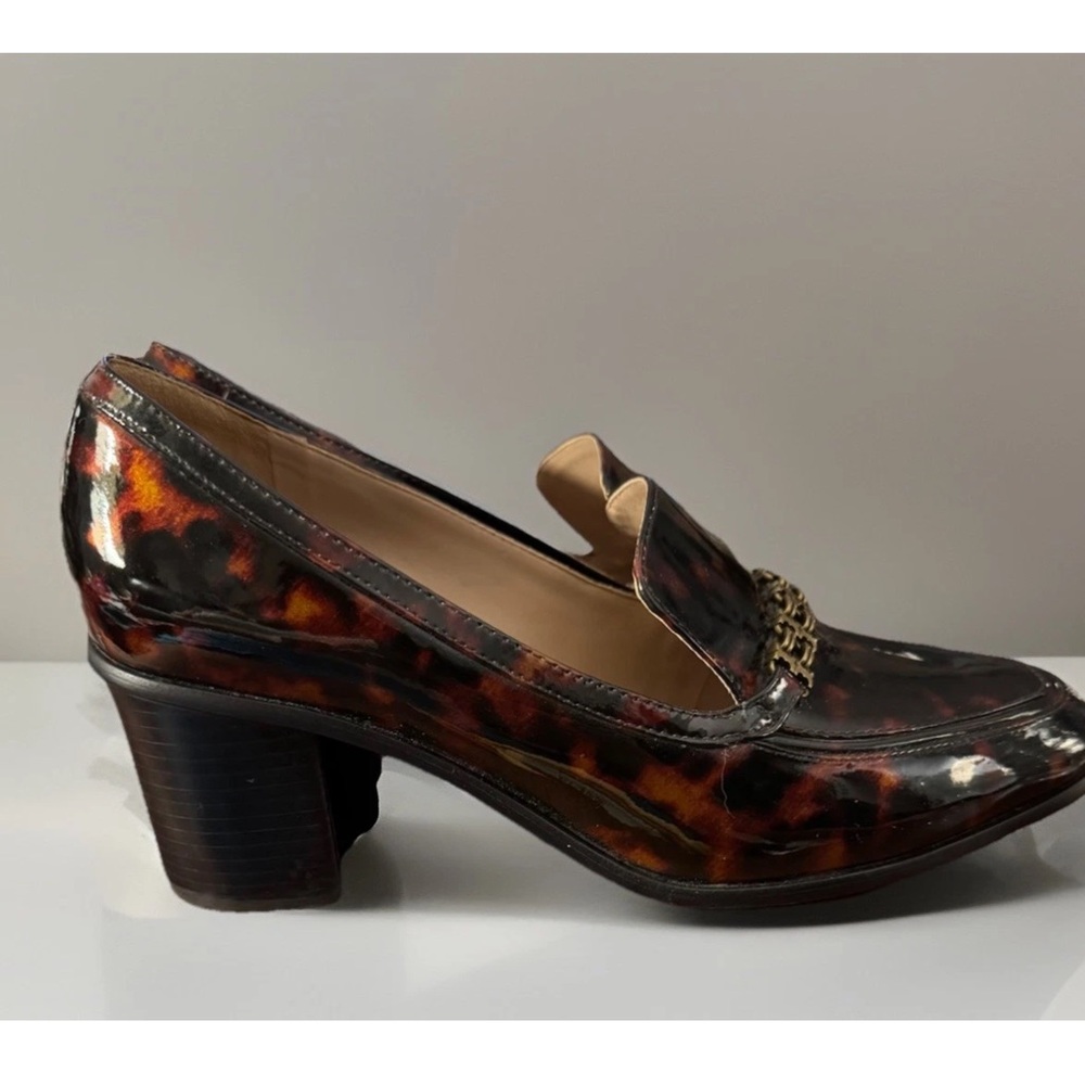 Tory Burch Gemini Link Tortoise Patent Leather Heeled Loafer Sz 7.5 +Shoe Bag